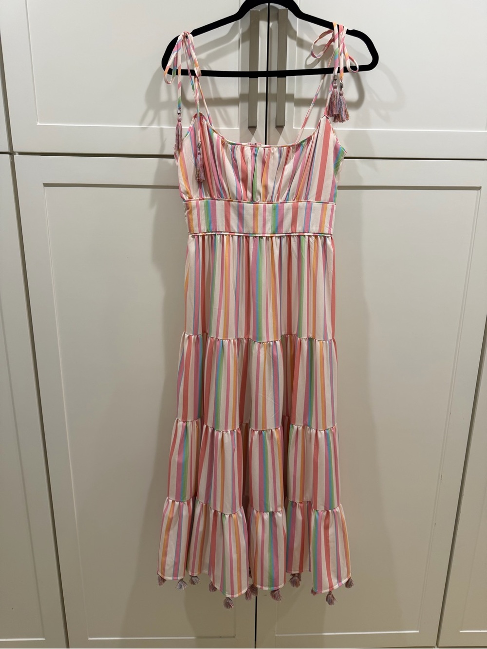 Chicwish Rainbow Pastel Multicolor Striped Tie-Shoulder Tassel Maxi Dress